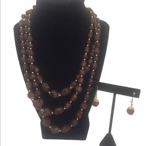 Brown Lucite Multi Strand Necklace And Earrings